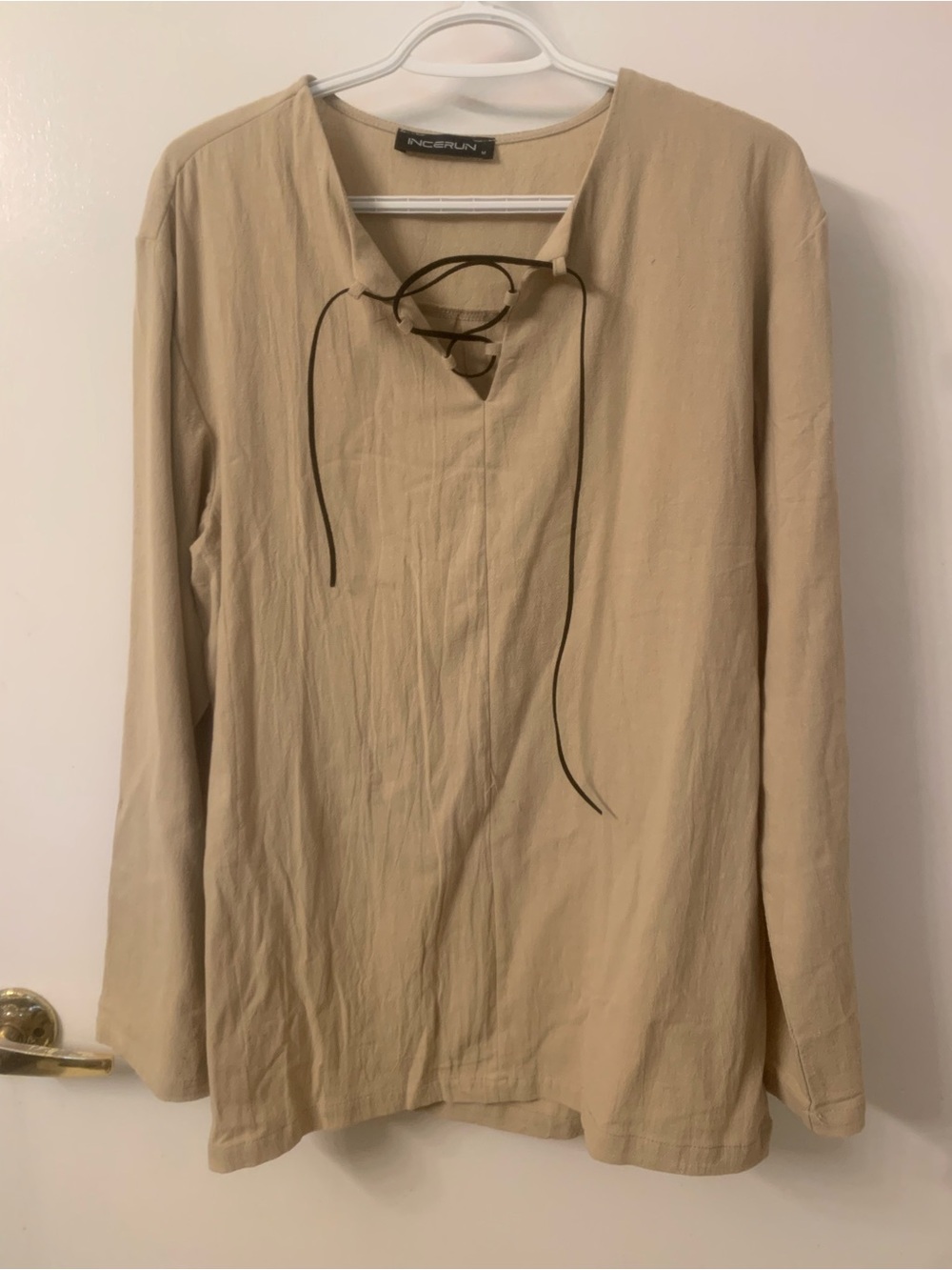 INCERUN Beige Lace-Up Long Sleeve Shirt